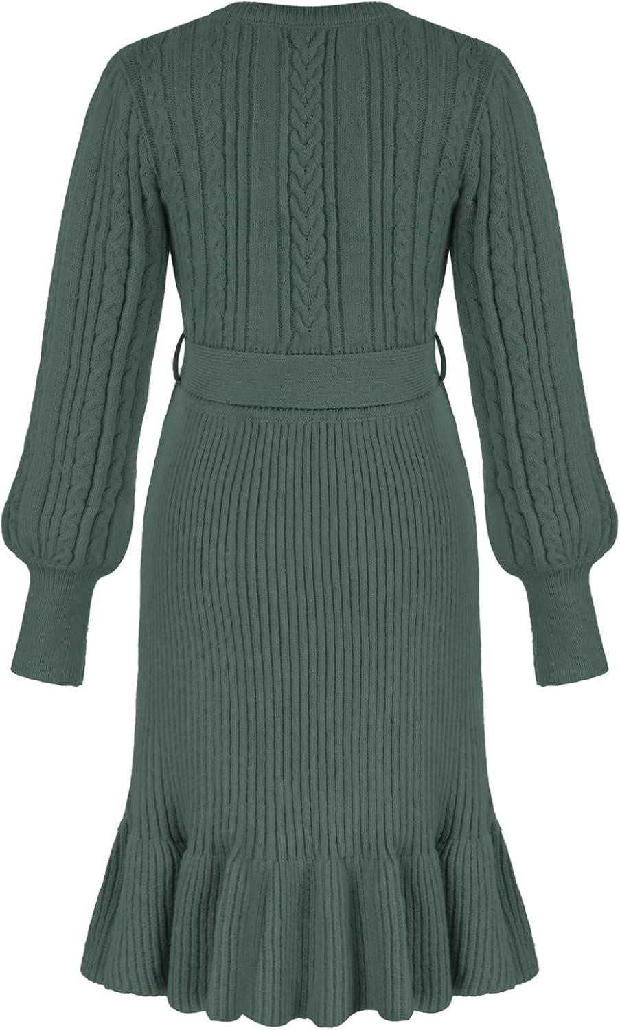 imageGRACE KARIN Girls Sweater Dress Cable Knit Long Sleeve Fall Winter Dress for Girl with Belt Sizes 614Tea Green