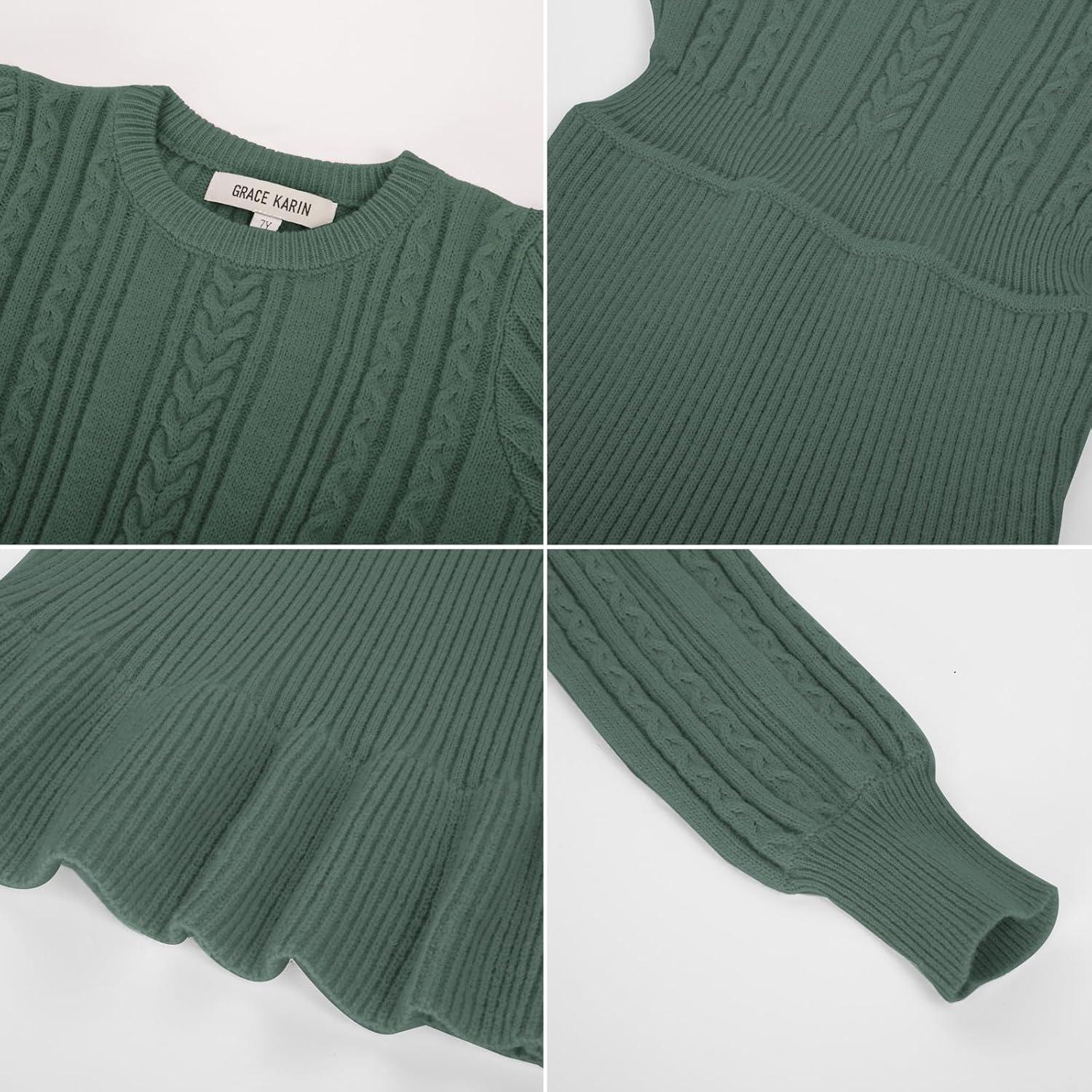 imageGRACE KARIN Girls Sweater Dress Cable Knit Long Sleeve Fall Winter Dress for Girl with Belt Sizes 614Tea Green