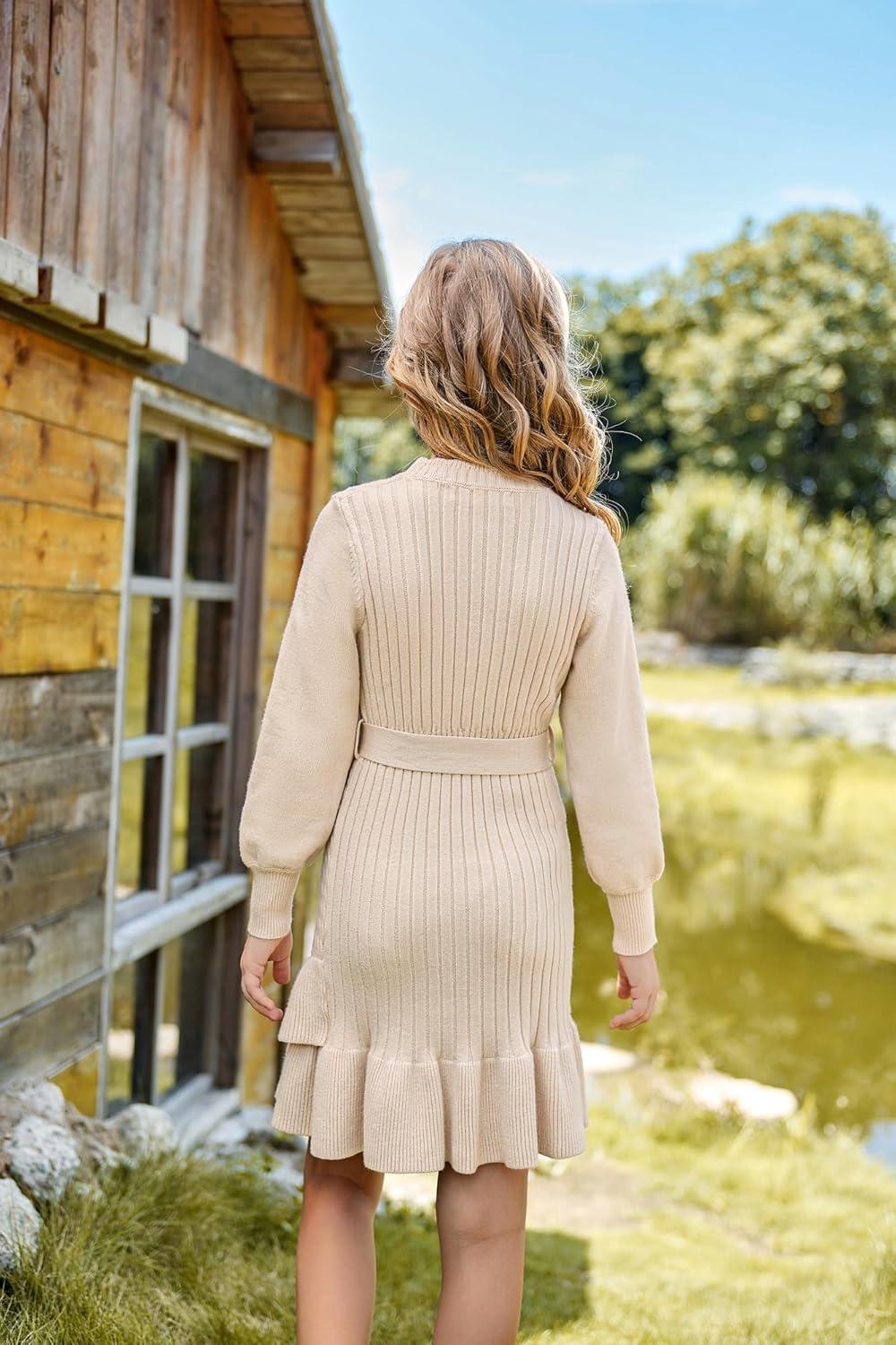 imageGRACE KARIN Girls Sweater Dress Fall Winter Long Sleeve 2 Layer Knitted Dresses Size 614Cream