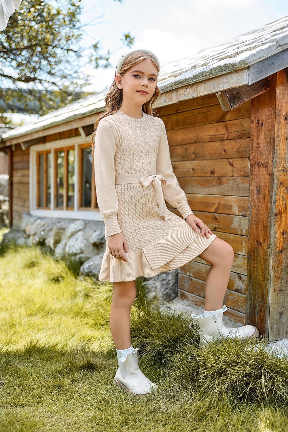 imageGRACE KARIN Girls Sweater Dress Fall Winter Long Sleeve 2 Layer Knitted Dresses Size 614Cream