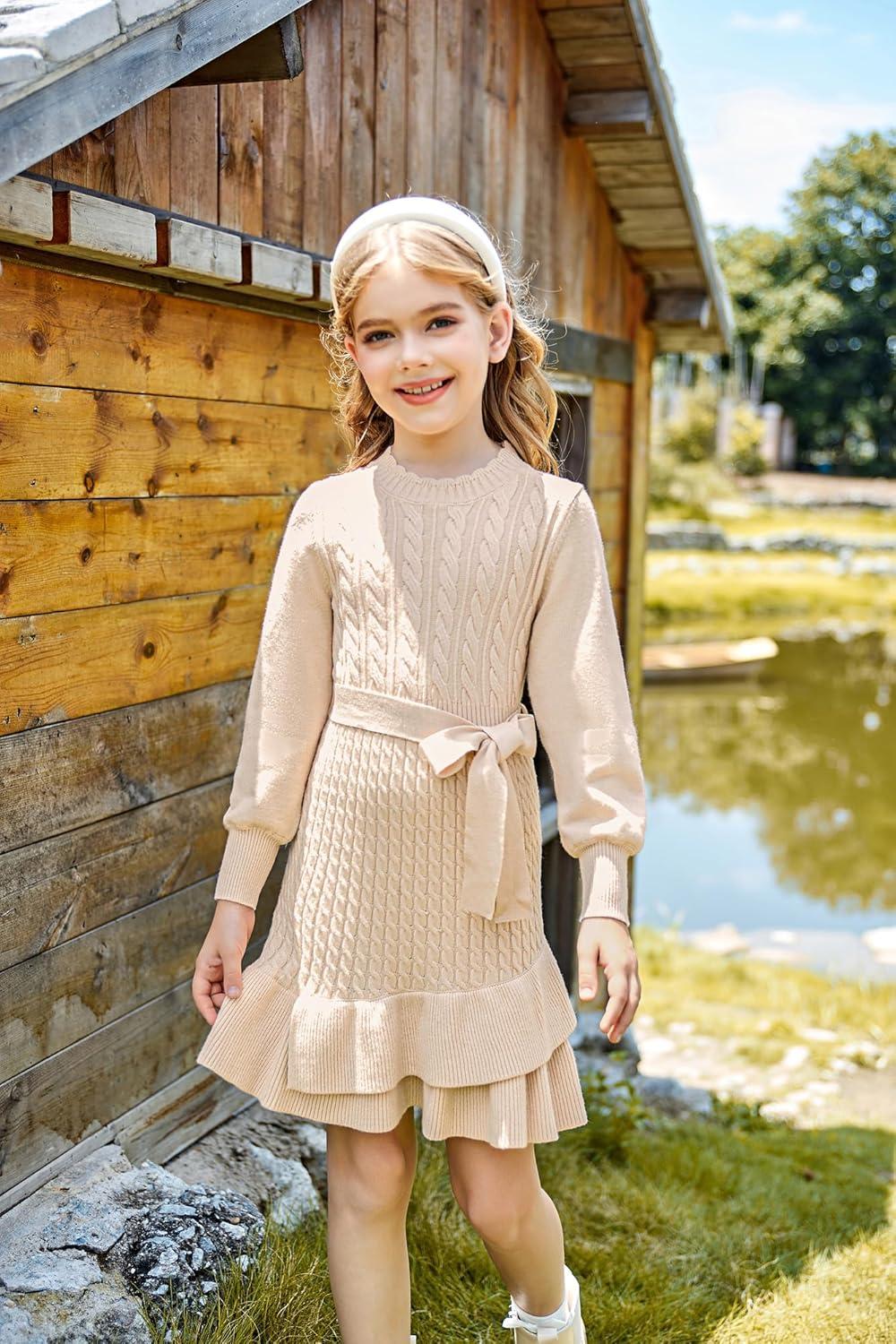 imageGRACE KARIN Girls Sweater Dress Fall Winter Long Sleeve 2 Layer Knitted Dresses Size 614Cream