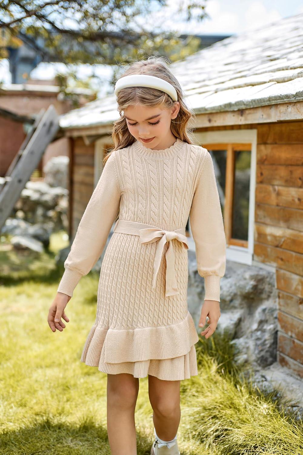 imageGRACE KARIN Girls Sweater Dress Fall Winter Long Sleeve 2 Layer Knitted Dresses Size 614Cream
