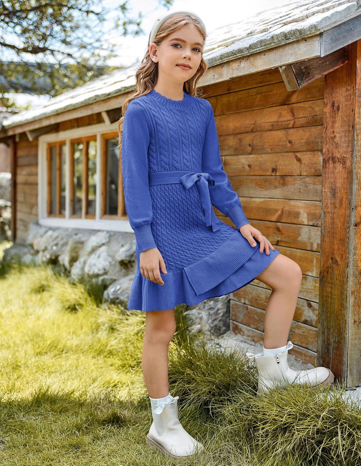 imageGRACE KARIN Girls Sweater Dress Fall Winter Long Sleeve 2 Layer Knitted Dresses Size 614Haze Blue