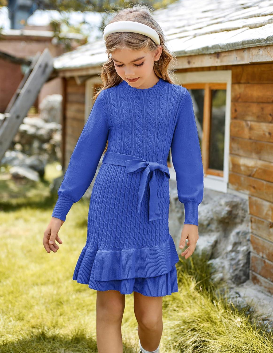 imageGRACE KARIN Girls Sweater Dress Fall Winter Long Sleeve 2 Layer Knitted Dresses Size 614Haze Blue