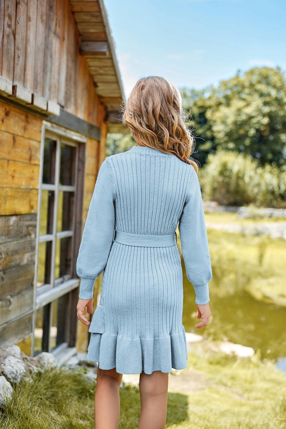imageGRACE KARIN Girls Sweater Dress Fall Winter Long Sleeve 2 Layer Knitted Dresses Size 614Light Blue