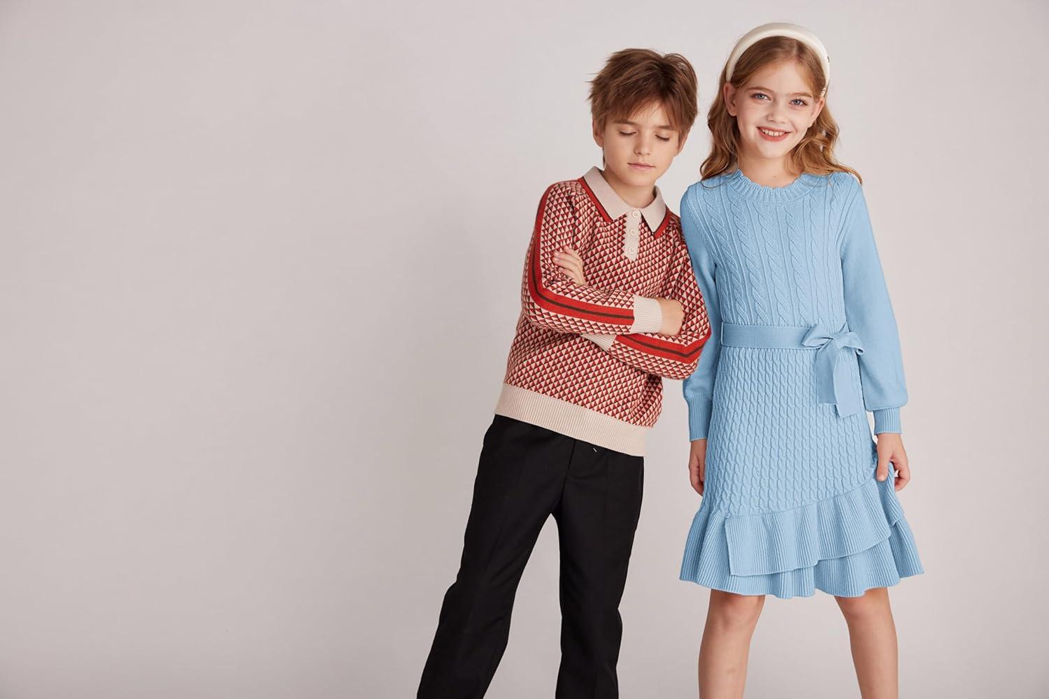 imageGRACE KARIN Girls Sweater Dress Fall Winter Long Sleeve 2 Layer Knitted Dresses Size 614Light Blue