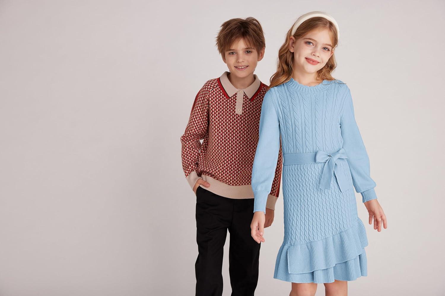 imageGRACE KARIN Girls Sweater Dress Fall Winter Long Sleeve 2 Layer Knitted Dresses Size 614Light Blue