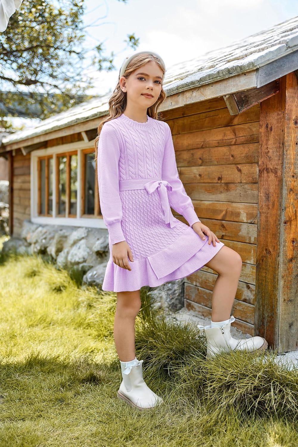 imageGRACE KARIN Girls Sweater Dress Fall Winter Long Sleeve 2 Layer Knitted Dresses Size 614Purple
