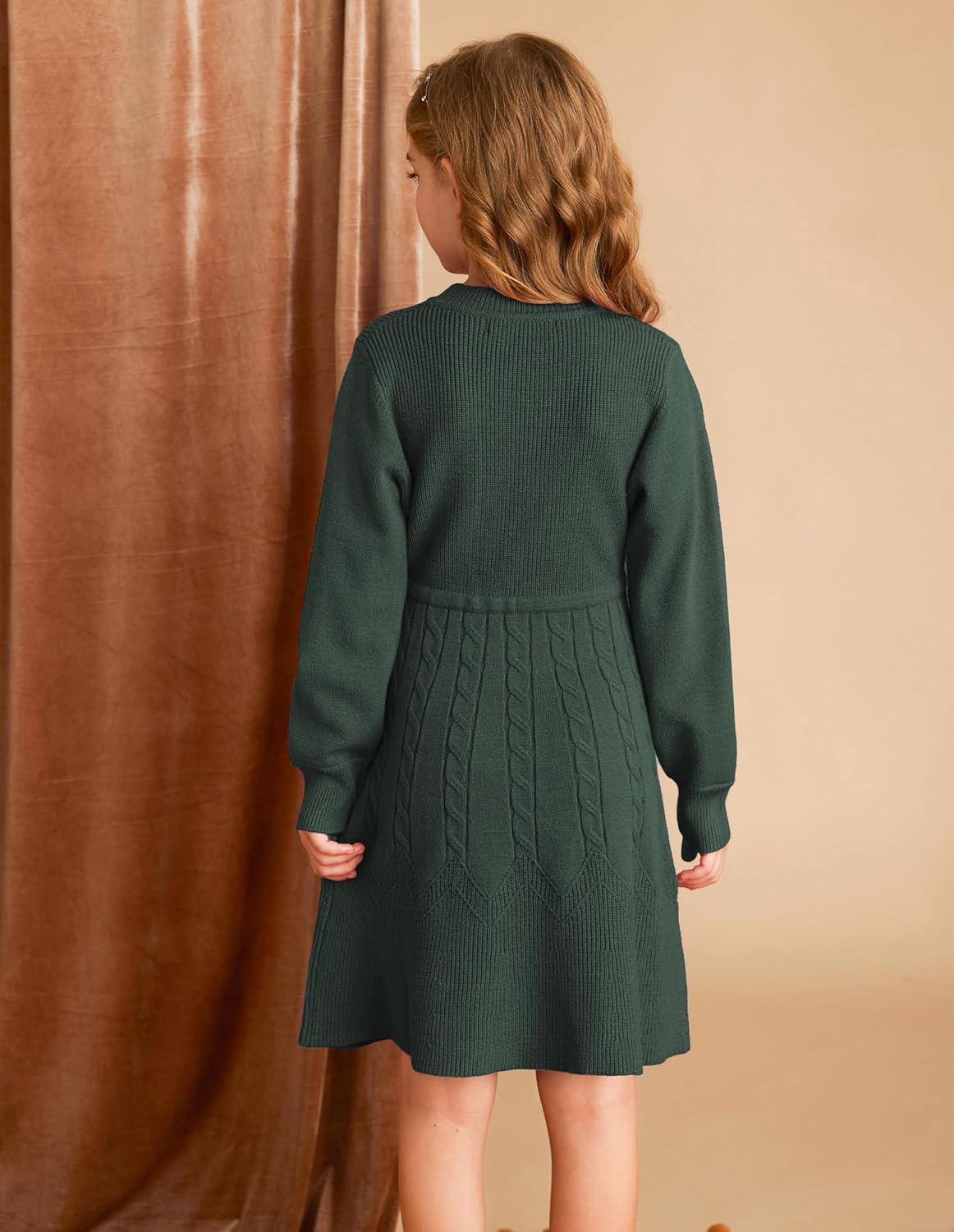 imageGRACE KARIN Girls Sweater Dress Fall Winter Long Sleeve Kids Fashion Drawstring Waist Cable Knit Dresses Size 512Army Green