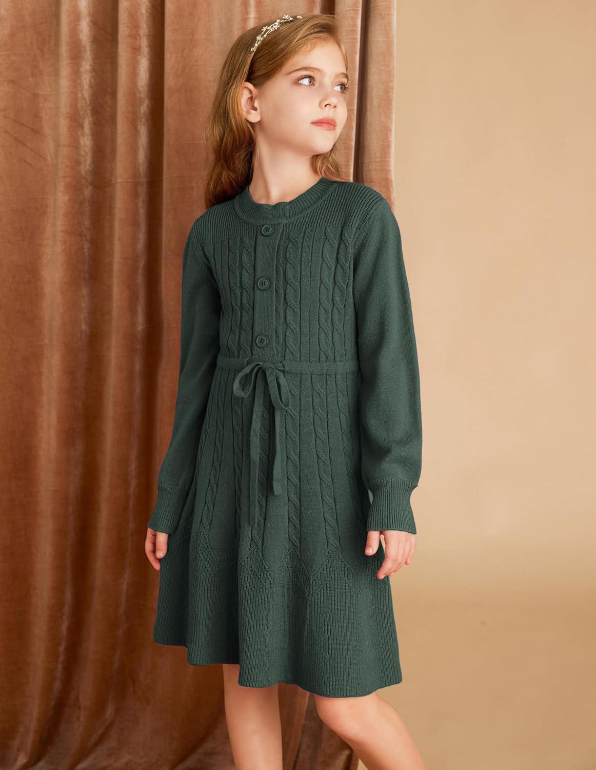 imageGRACE KARIN Girls Sweater Dress Fall Winter Long Sleeve Kids Fashion Drawstring Waist Cable Knit Dresses Size 512Army Green