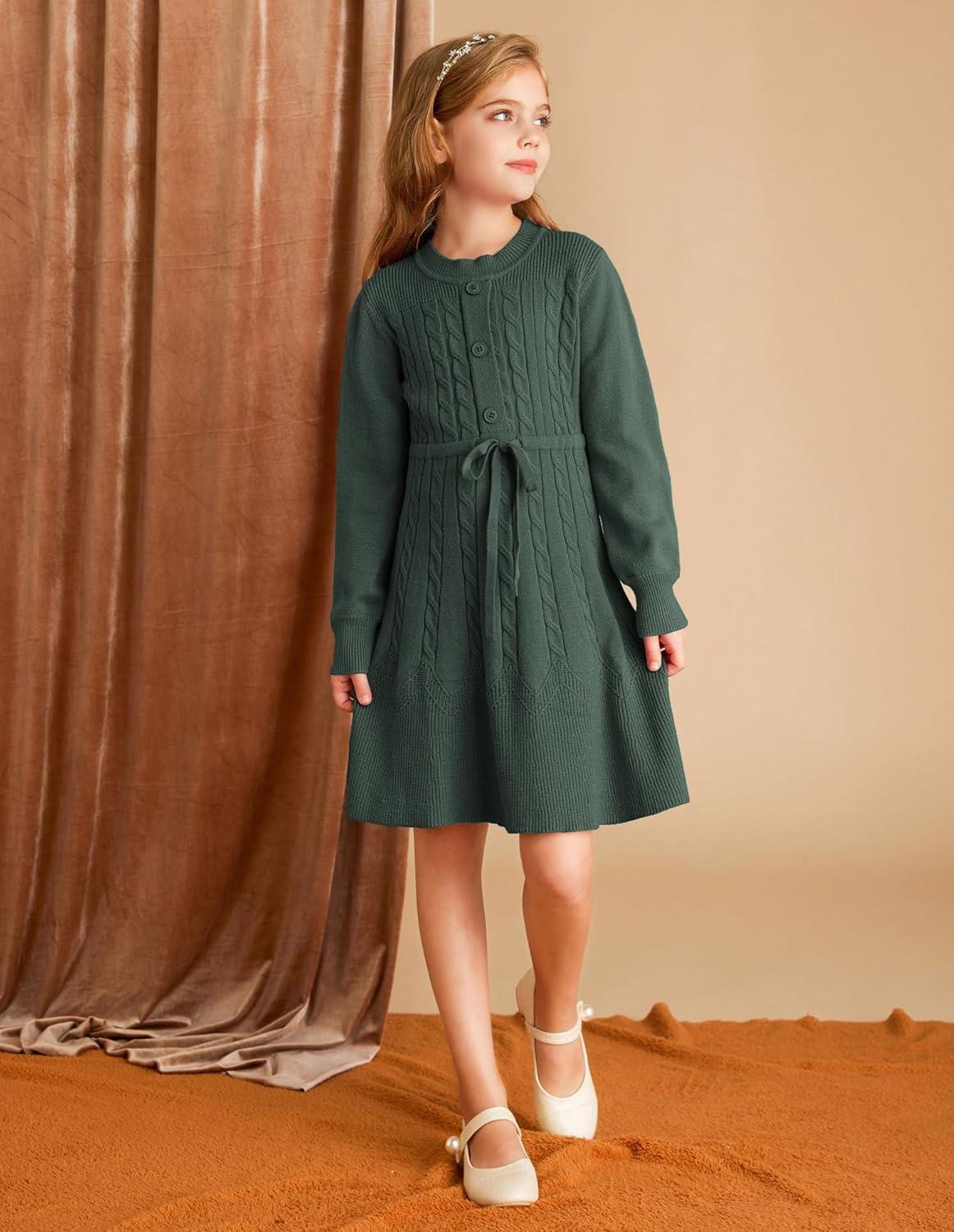 imageGRACE KARIN Girls Sweater Dress Fall Winter Long Sleeve Kids Fashion Drawstring Waist Cable Knit Dresses Size 512Army Green