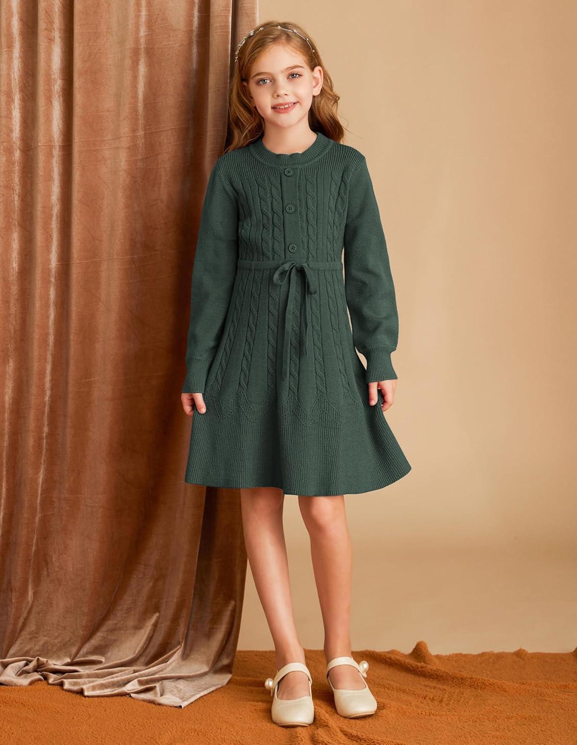 imageGRACE KARIN Girls Sweater Dress Fall Winter Long Sleeve Kids Fashion Drawstring Waist Cable Knit Dresses Size 512Army Green