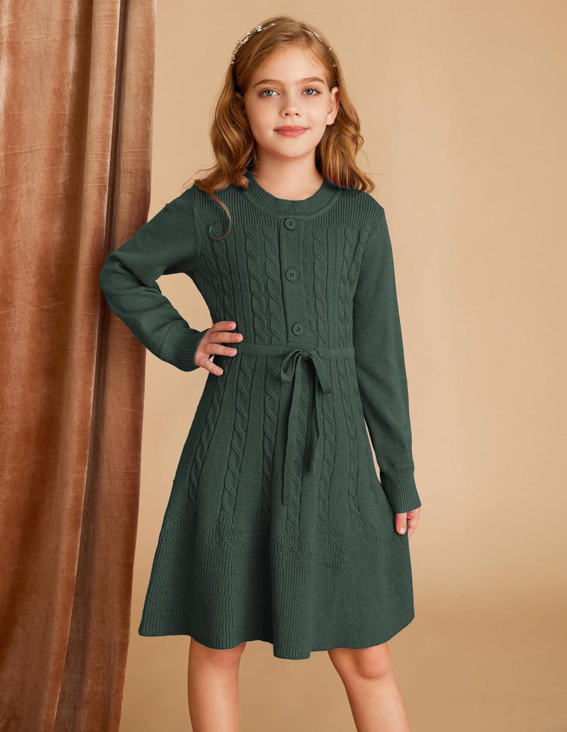 imageGRACE KARIN Girls Sweater Dress Fall Winter Long Sleeve Kids Fashion Drawstring Waist Cable Knit Dresses Size 512Army Green