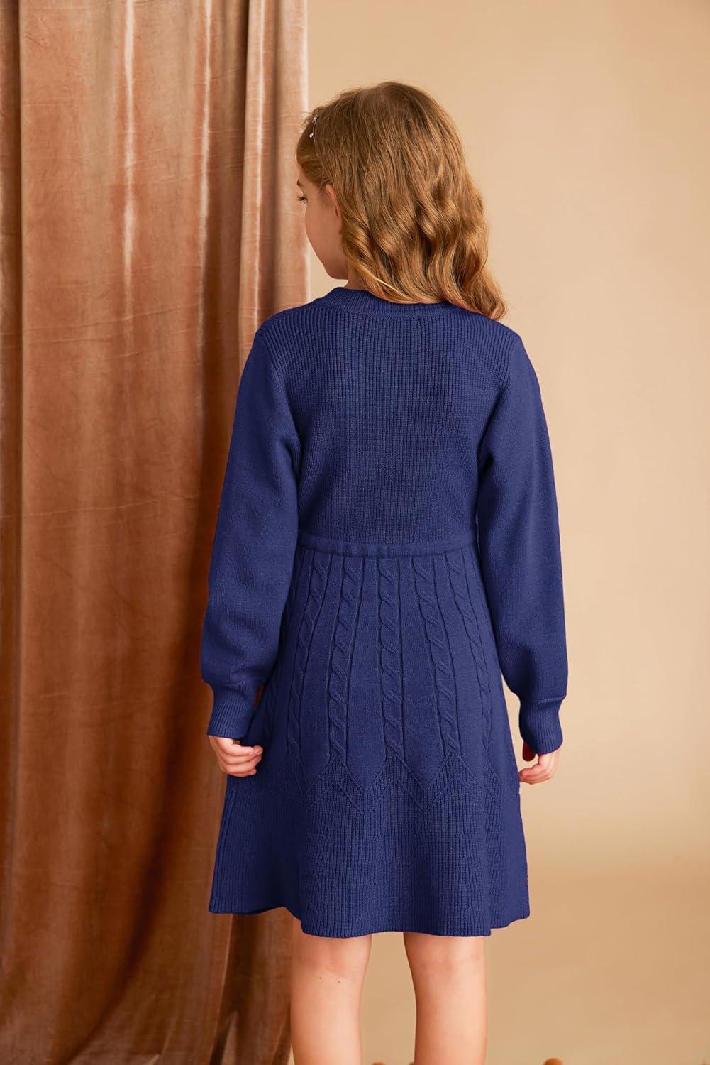 imageGRACE KARIN Girls Sweater Dress Fall Winter Long Sleeve Kids Fashion Drawstring Waist Cable Knit Dresses Size 512Navy Blue