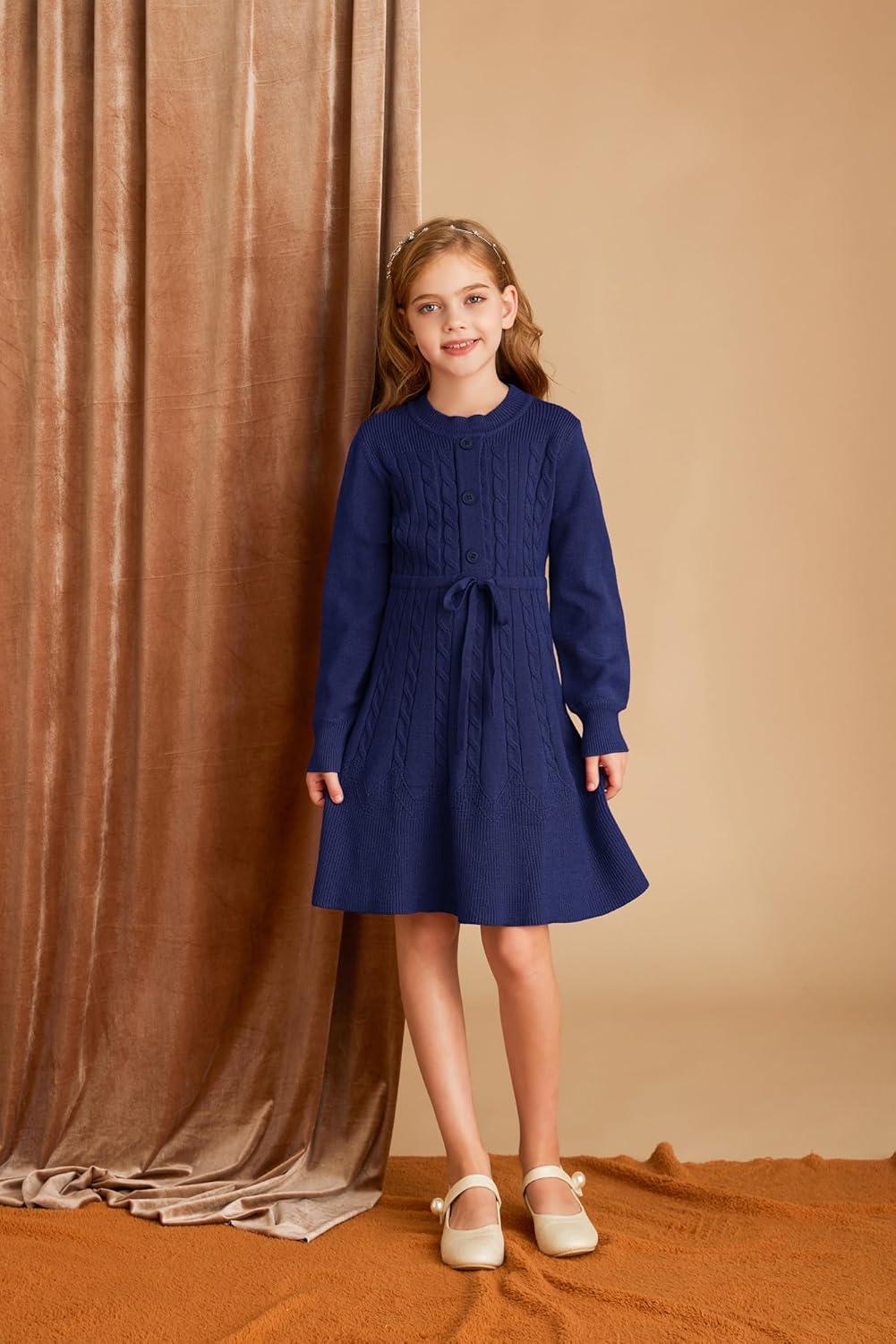 imageGRACE KARIN Girls Sweater Dress Fall Winter Long Sleeve Kids Fashion Drawstring Waist Cable Knit Dresses Size 512Navy Blue