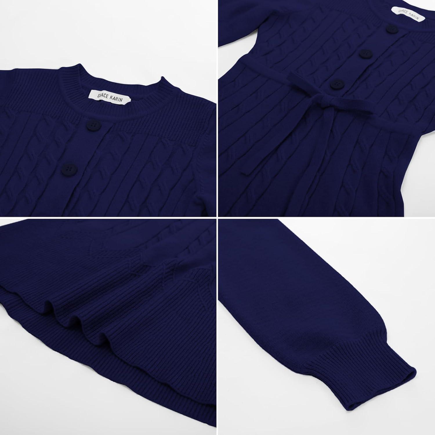imageGRACE KARIN Girls Sweater Dress Fall Winter Long Sleeve Kids Fashion Drawstring Waist Cable Knit Dresses Size 512Navy Blue