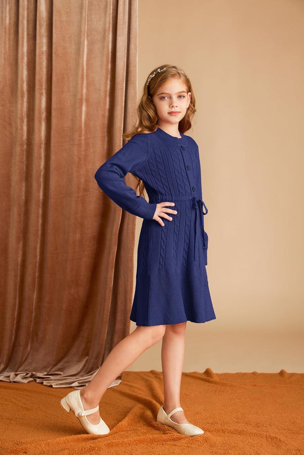 imageGRACE KARIN Girls Sweater Dress Fall Winter Long Sleeve Kids Fashion Drawstring Waist Cable Knit Dresses Size 512Navy Blue
