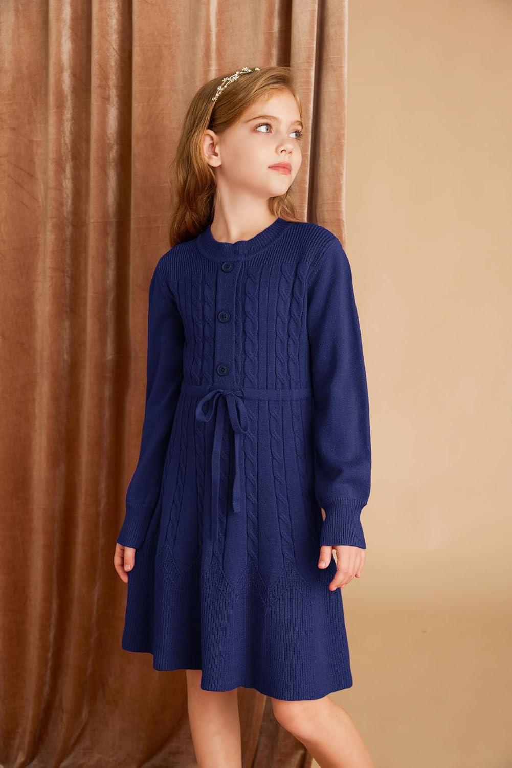 imageGRACE KARIN Girls Sweater Dress Fall Winter Long Sleeve Kids Fashion Drawstring Waist Cable Knit Dresses Size 512Navy Blue