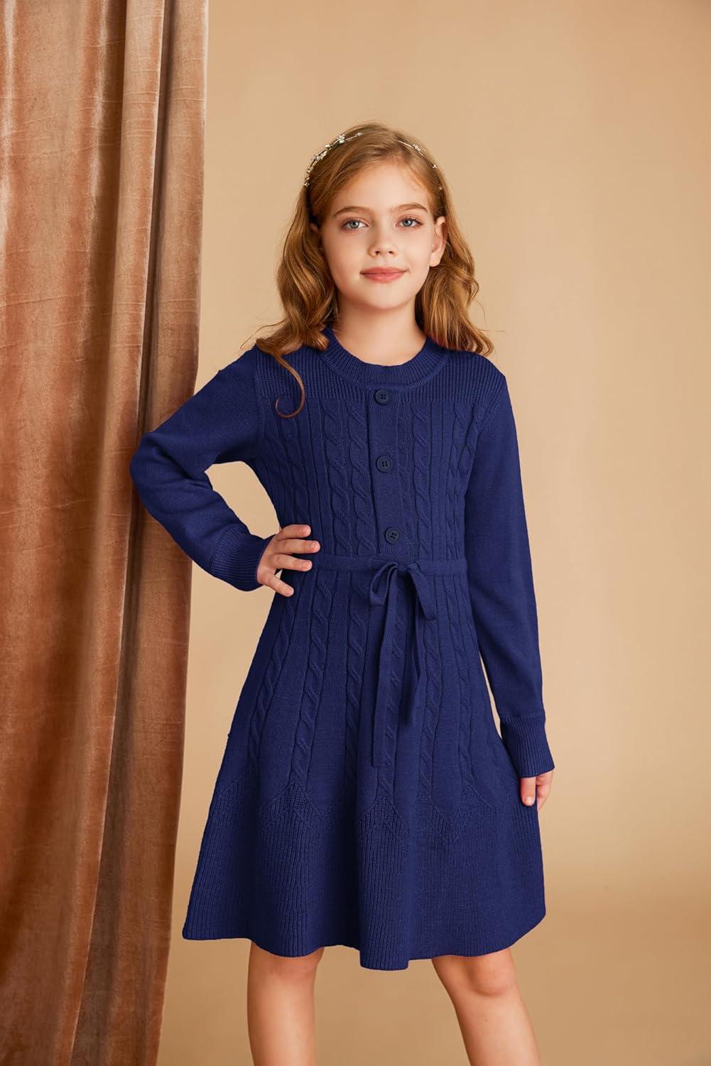 imageGRACE KARIN Girls Sweater Dress Fall Winter Long Sleeve Kids Fashion Drawstring Waist Cable Knit Dresses Size 512Navy Blue