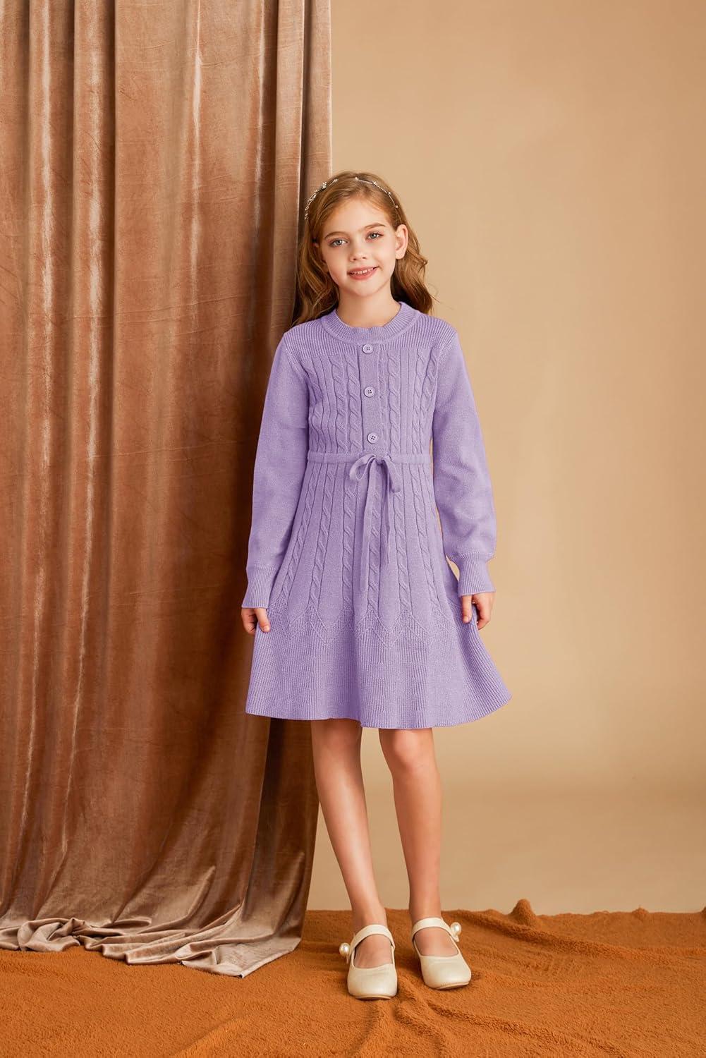 imageGRACE KARIN Girls Sweater Dress Fall Winter Long Sleeve Kids Fashion Drawstring Waist Cable Knit Dresses Size 512Purple