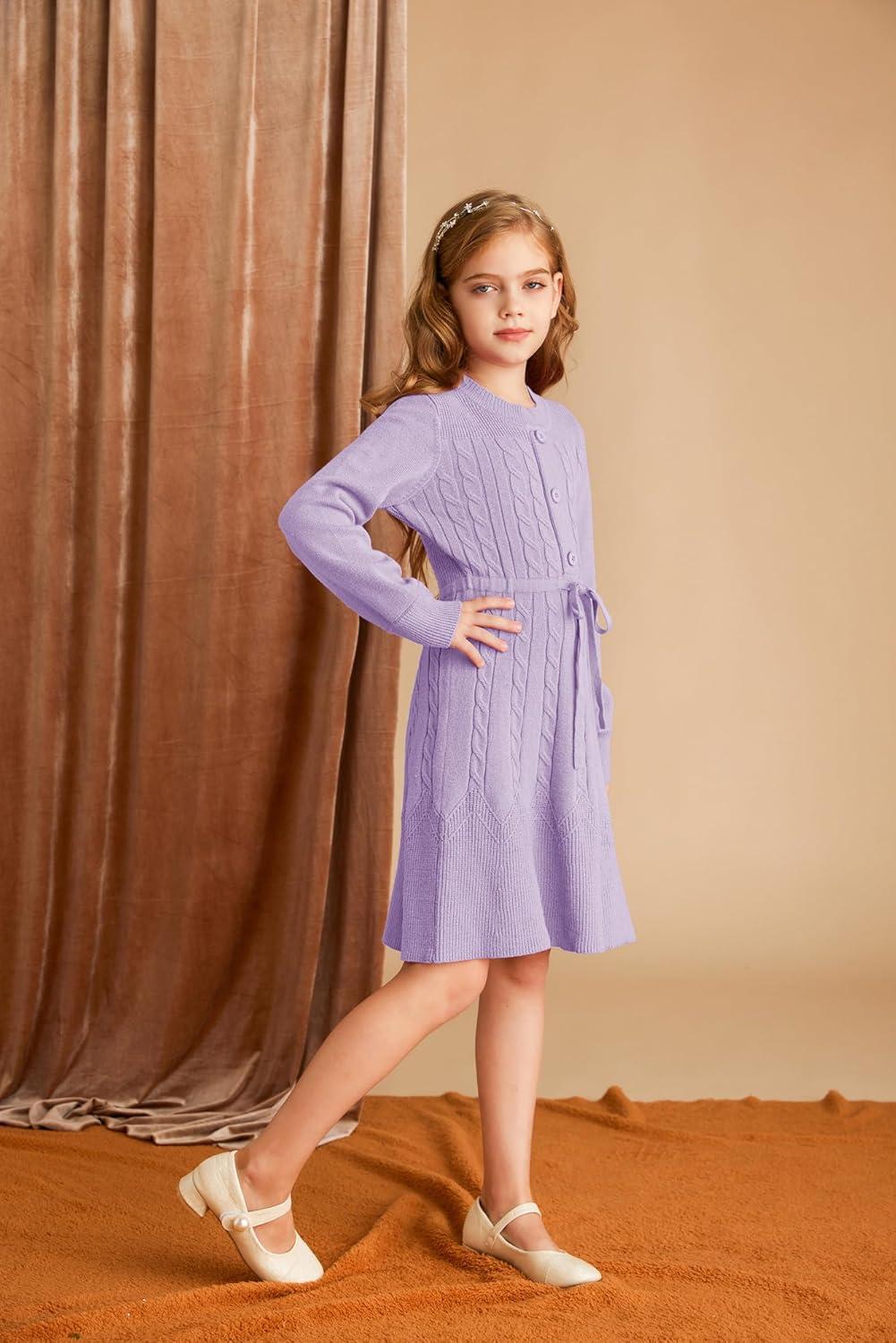 imageGRACE KARIN Girls Sweater Dress Fall Winter Long Sleeve Kids Fashion Drawstring Waist Cable Knit Dresses Size 512Purple