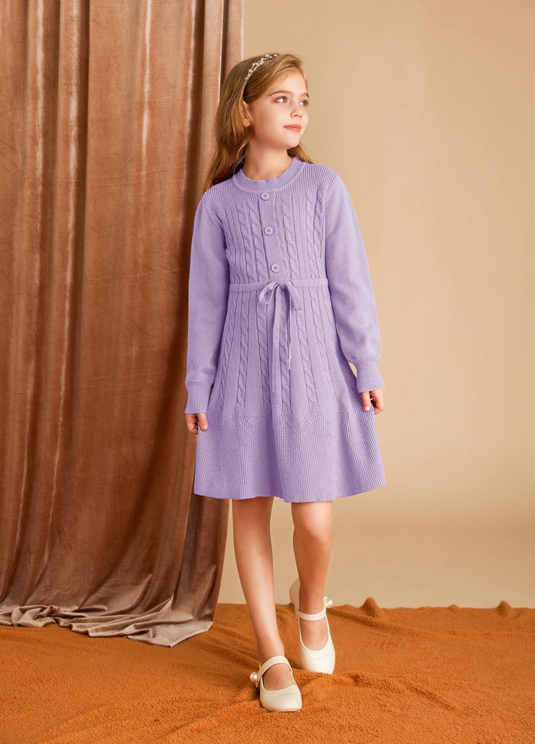 imageGRACE KARIN Girls Sweater Dress Fall Winter Long Sleeve Kids Fashion Drawstring Waist Cable Knit Dresses Size 512Purple