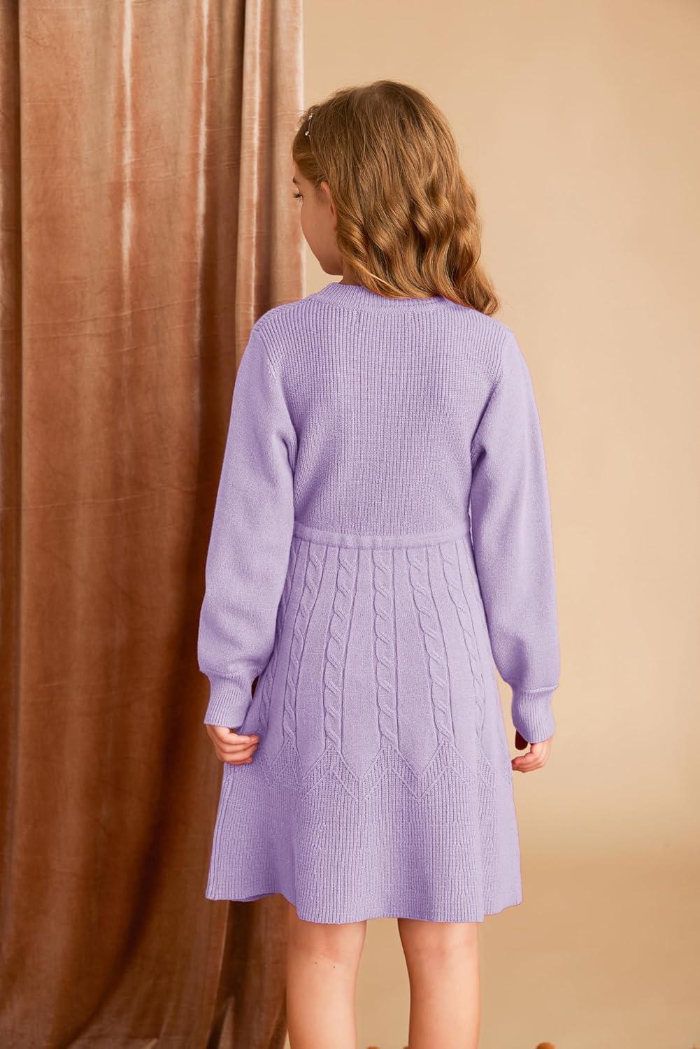 imageGRACE KARIN Girls Sweater Dress Fall Winter Long Sleeve Kids Fashion Drawstring Waist Cable Knit Dresses Size 512Purple