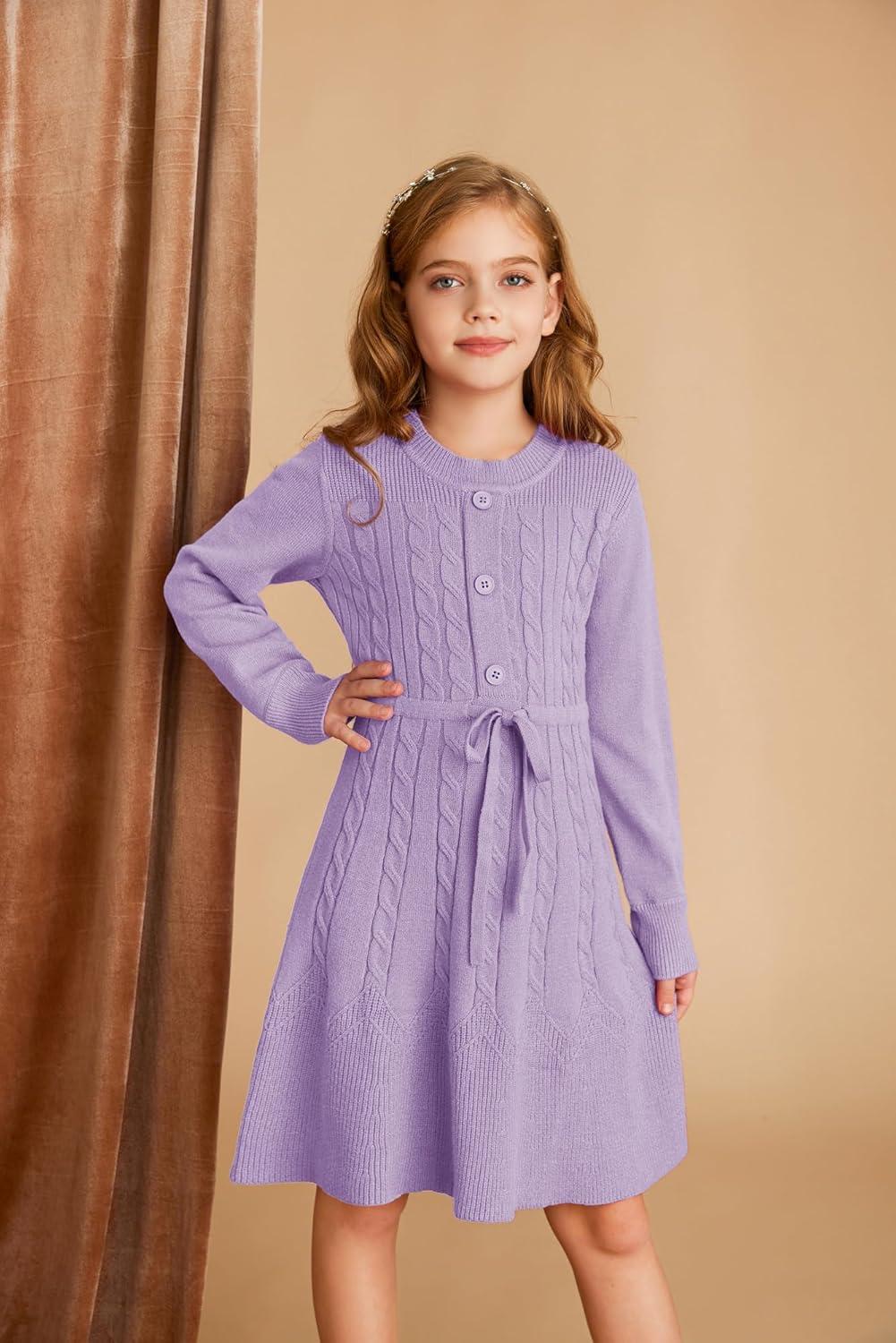 imageGRACE KARIN Girls Sweater Dress Fall Winter Long Sleeve Kids Fashion Drawstring Waist Cable Knit Dresses Size 512Purple