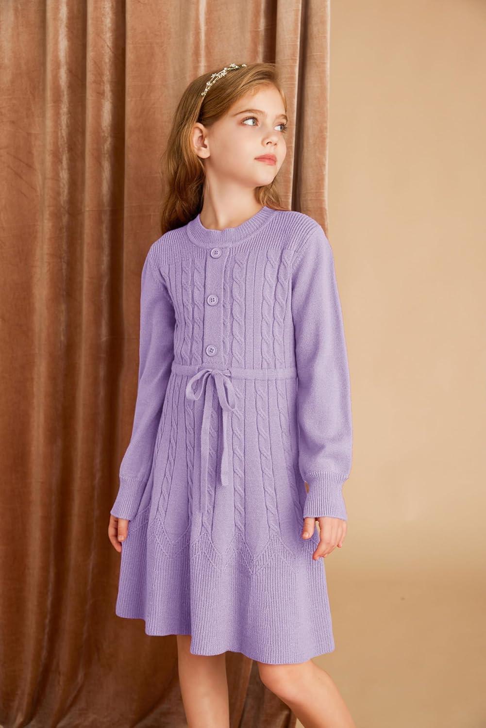 imageGRACE KARIN Girls Sweater Dress Fall Winter Long Sleeve Kids Fashion Drawstring Waist Cable Knit Dresses Size 512Purple