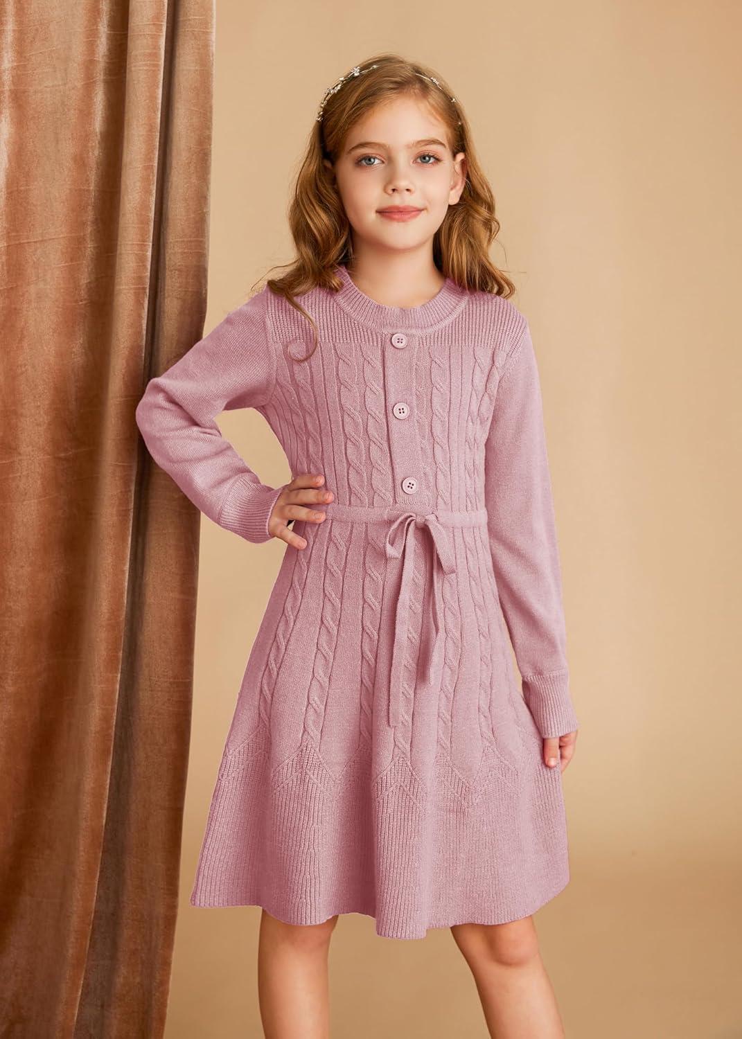 imageGRACE KARIN Girls Sweater Dress Fall Winter Long Sleeve Kids Fashion Drawstring Waist Cable Knit Dresses Size 512Red Bean Paste