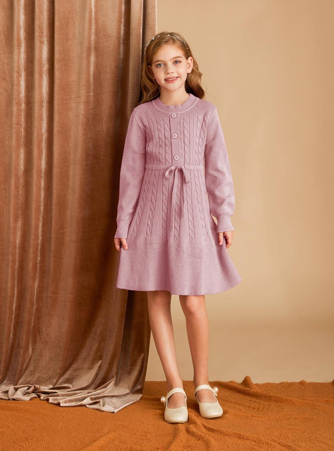 imageGRACE KARIN Girls Sweater Dress Fall Winter Long Sleeve Kids Fashion Drawstring Waist Cable Knit Dresses Size 512Red Bean Paste