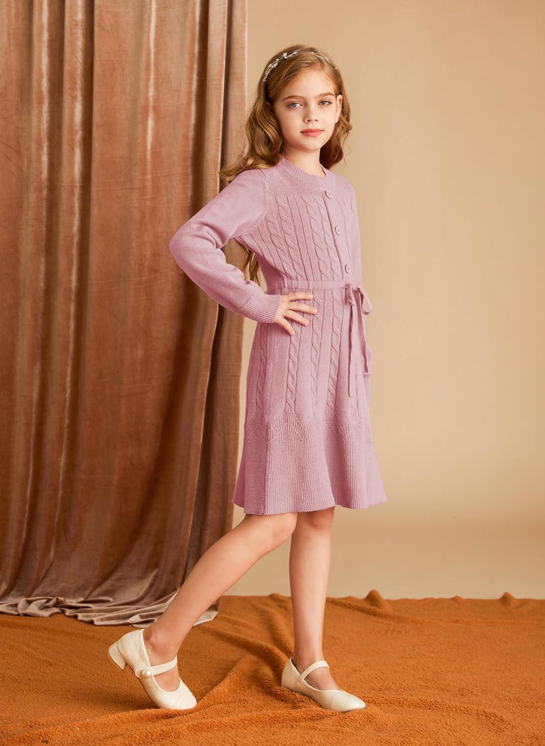 imageGRACE KARIN Girls Sweater Dress Fall Winter Long Sleeve Kids Fashion Drawstring Waist Cable Knit Dresses Size 512Red Bean Paste