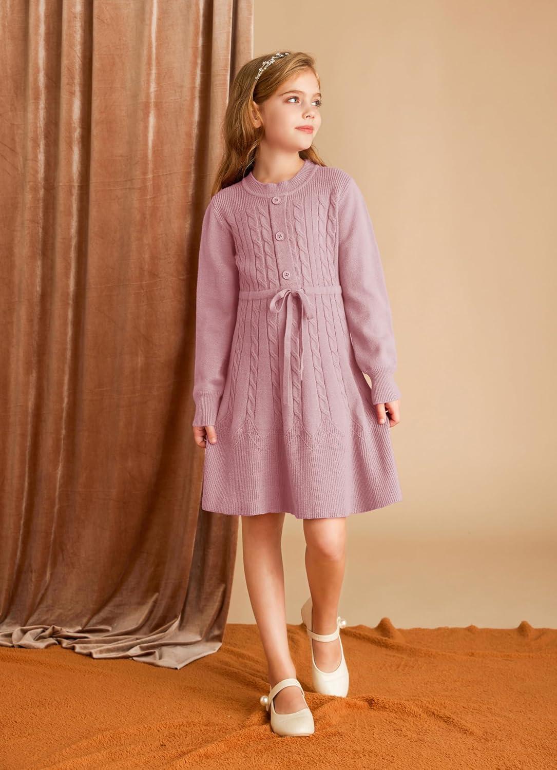 imageGRACE KARIN Girls Sweater Dress Fall Winter Long Sleeve Kids Fashion Drawstring Waist Cable Knit Dresses Size 512Red Bean Paste
