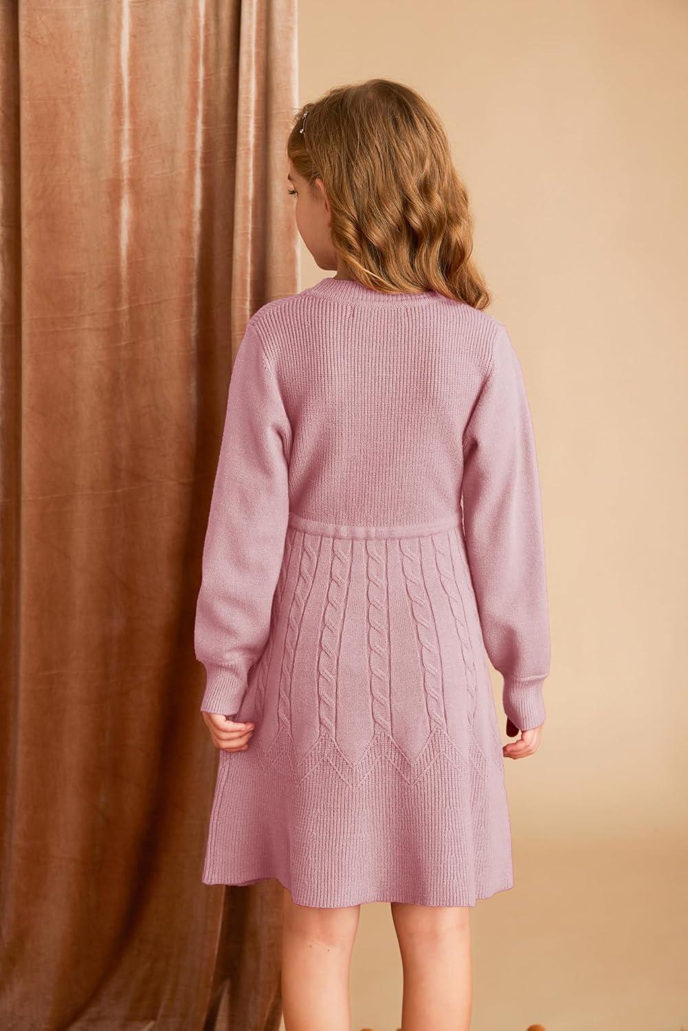 imageGRACE KARIN Girls Sweater Dress Fall Winter Long Sleeve Kids Fashion Drawstring Waist Cable Knit Dresses Size 512Red Bean Paste