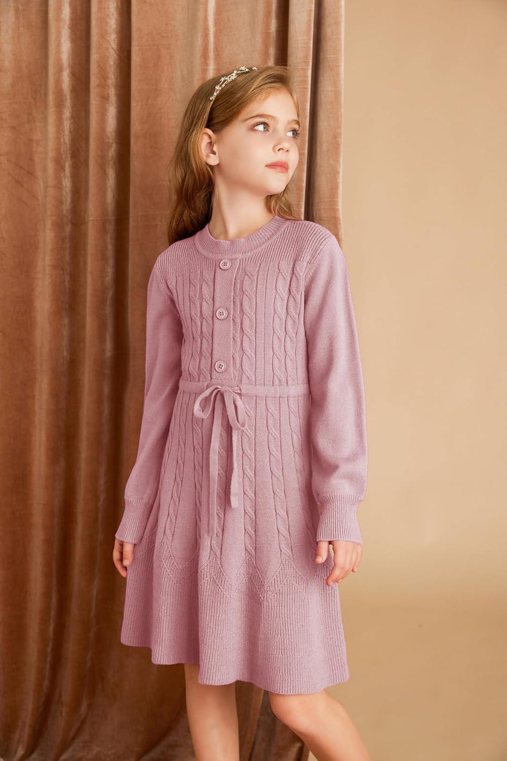 imageGRACE KARIN Girls Sweater Dress Fall Winter Long Sleeve Kids Fashion Drawstring Waist Cable Knit Dresses Size 512Red Bean Paste