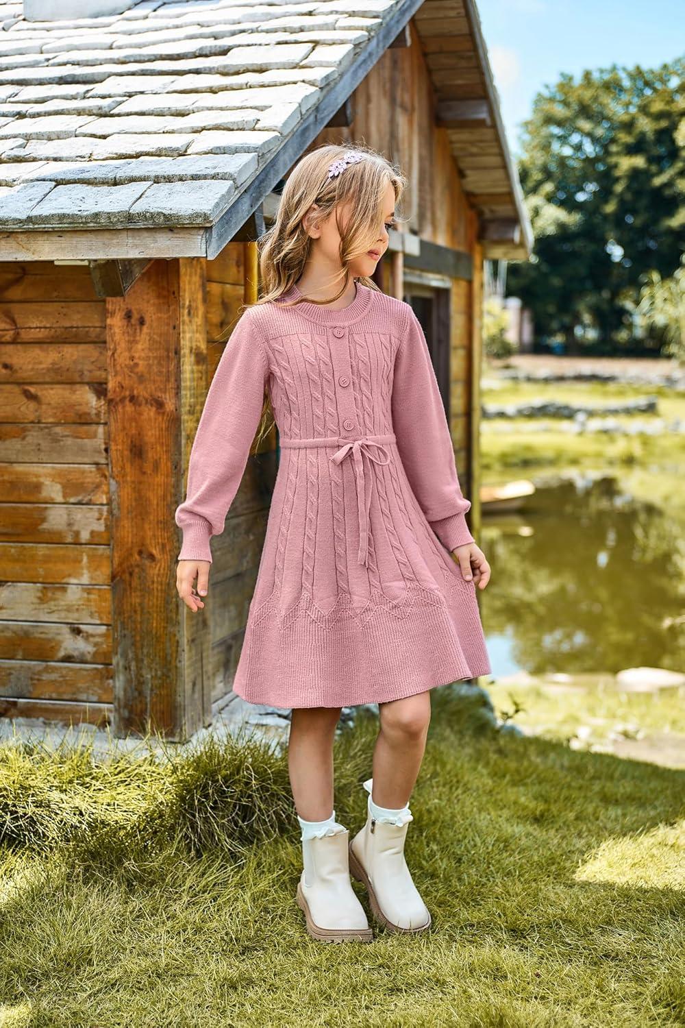 imageGRACE KARIN Girls Sweater Dress Fall Winter Long Sleeve Kids Fashion Drawstring Waist Cable Knit Dresses Size 512Red Bean Paste