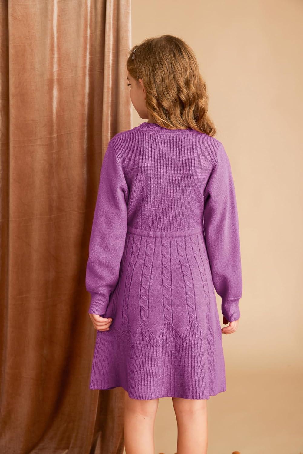 imageGRACE KARIN Girls Sweater Dress Fall Winter Long Sleeve Kids Fashion Drawstring Waist Cable Knit Dresses Size 512Unique Purple