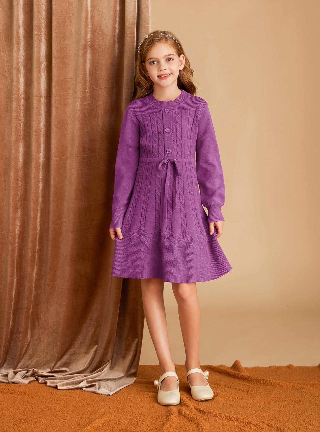 imageGRACE KARIN Girls Sweater Dress Fall Winter Long Sleeve Kids Fashion Drawstring Waist Cable Knit Dresses Size 512Unique Purple
