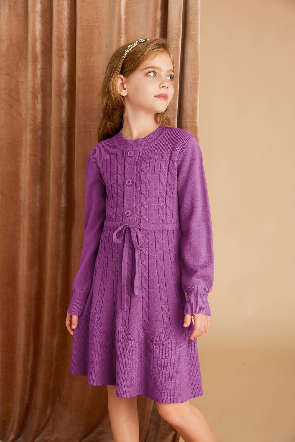 imageGRACE KARIN Girls Sweater Dress Fall Winter Long Sleeve Kids Fashion Drawstring Waist Cable Knit Dresses Size 512Unique Purple