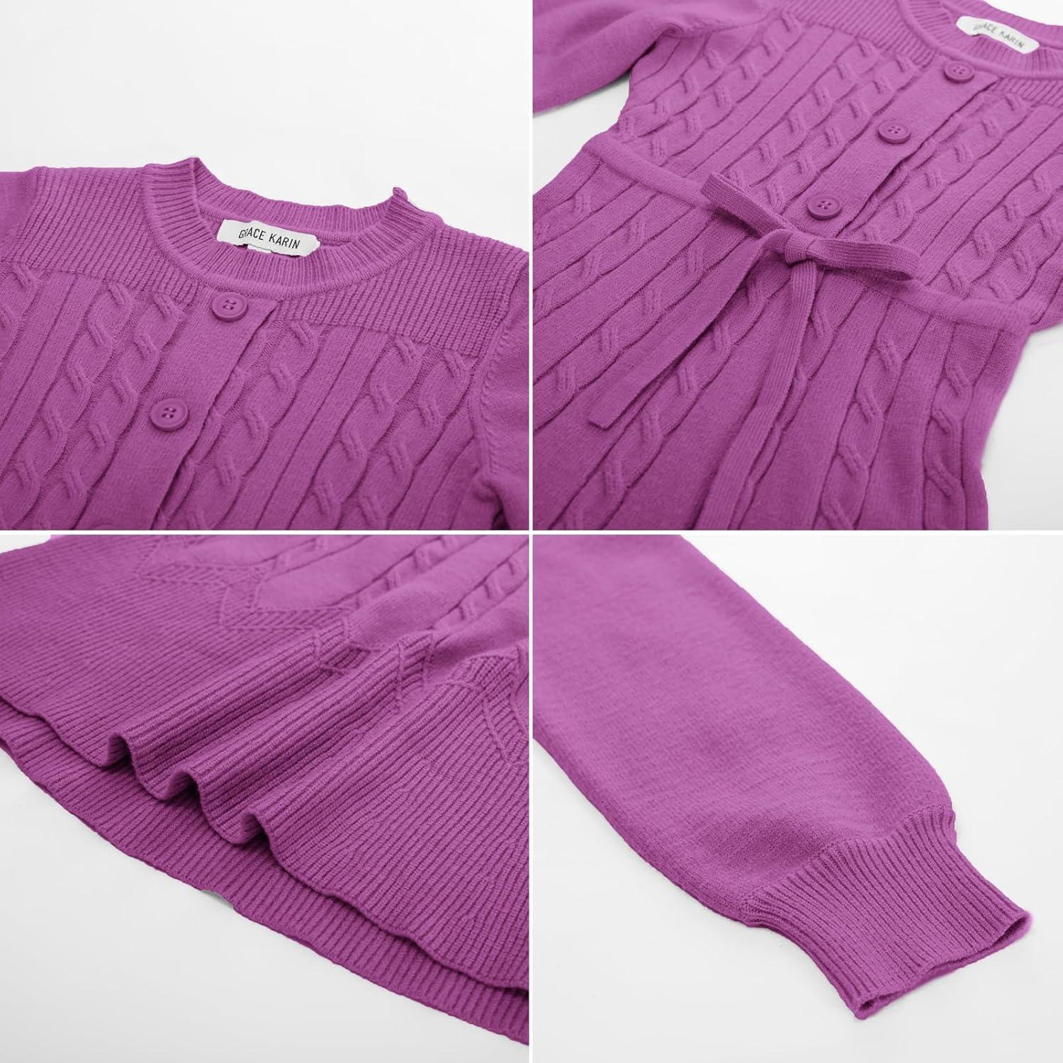 imageGRACE KARIN Girls Sweater Dress Fall Winter Long Sleeve Kids Fashion Drawstring Waist Cable Knit Dresses Size 512Unique Purple