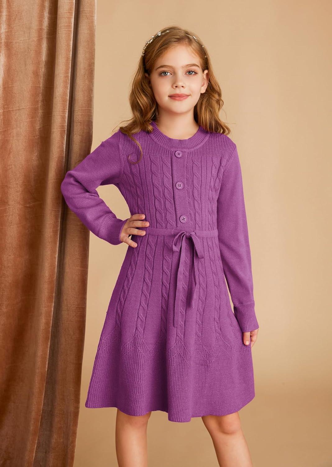 imageGRACE KARIN Girls Sweater Dress Fall Winter Long Sleeve Kids Fashion Drawstring Waist Cable Knit Dresses Size 512Unique Purple