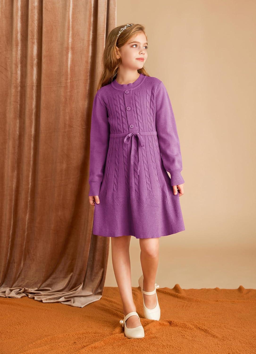 imageGRACE KARIN Girls Sweater Dress Fall Winter Long Sleeve Kids Fashion Drawstring Waist Cable Knit Dresses Size 512Unique Purple