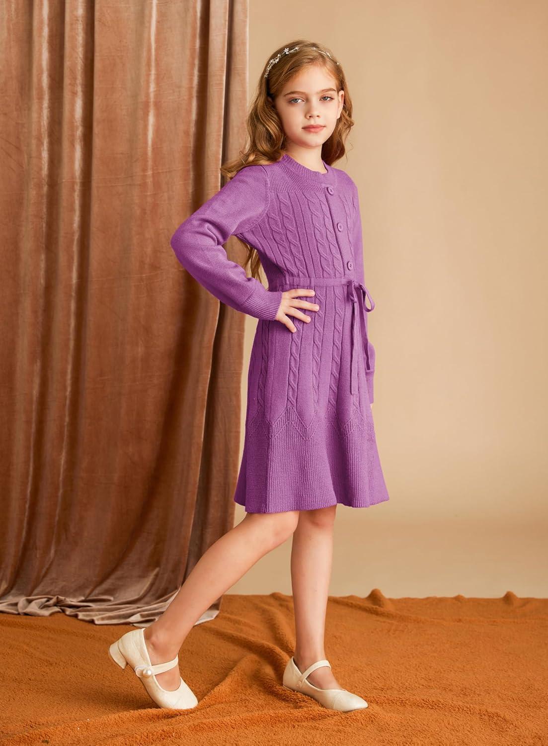 imageGRACE KARIN Girls Sweater Dress Fall Winter Long Sleeve Kids Fashion Drawstring Waist Cable Knit Dresses Size 512Unique Purple