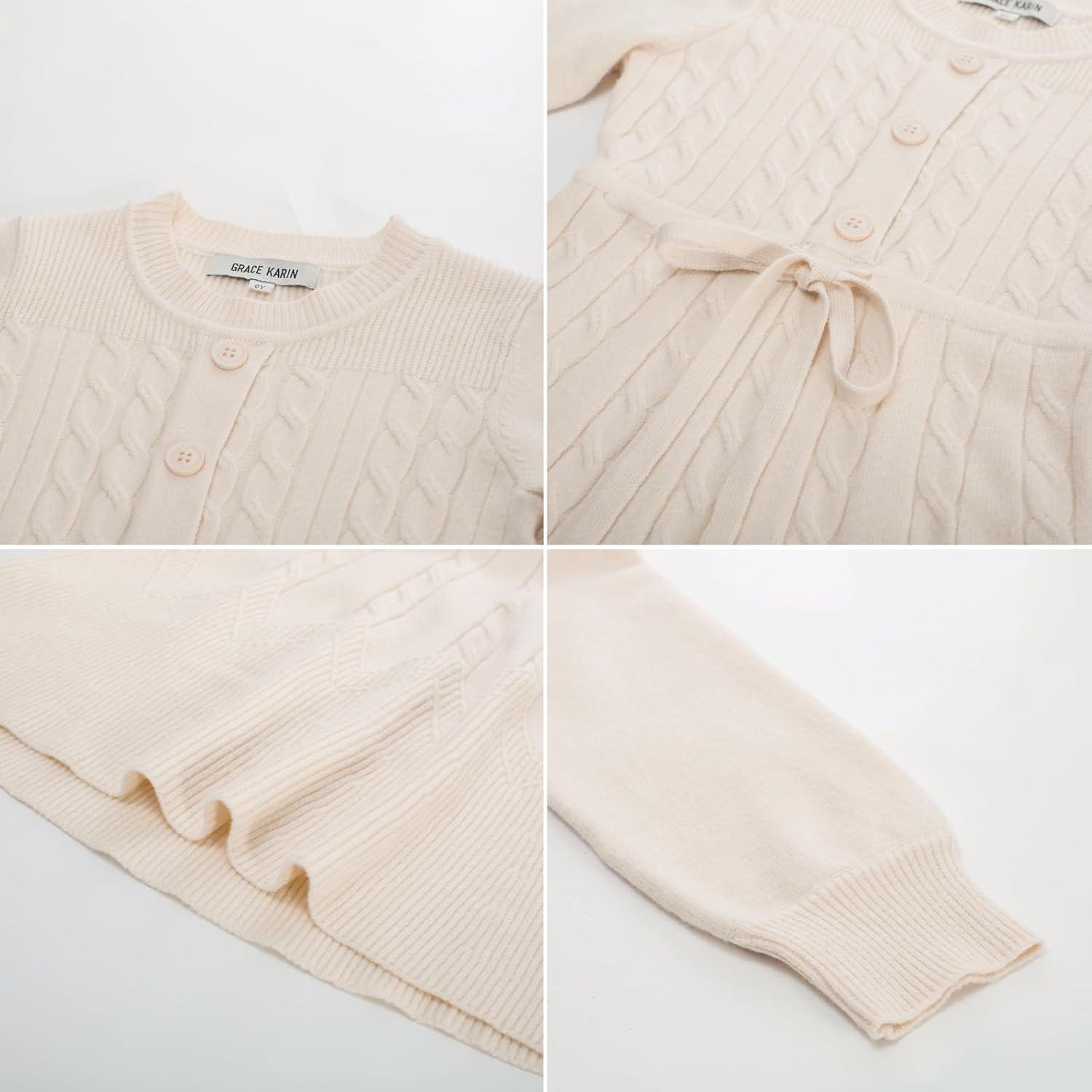imageGRACE KARIN Girls Sweater Dress Fall Winter Long Sleeve Kids Fashion Drawstring Waist Cable Knit Dresses Size 512White