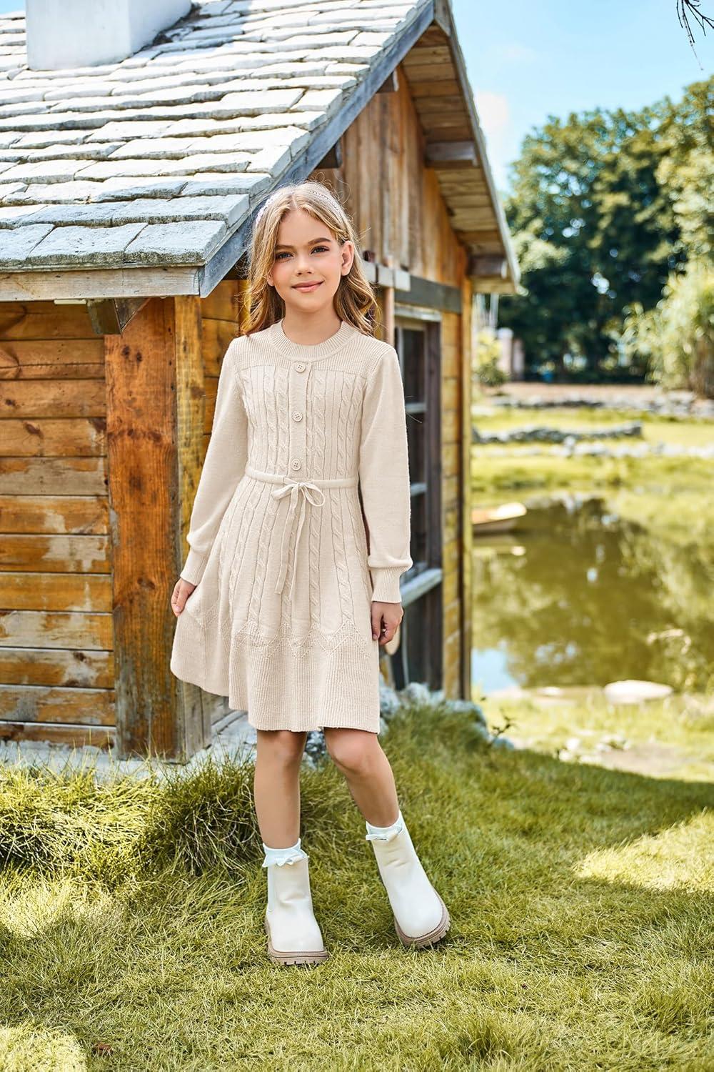 imageGRACE KARIN Girls Sweater Dress Fall Winter Long Sleeve Kids Fashion Drawstring Waist Cable Knit Dresses Size 512White