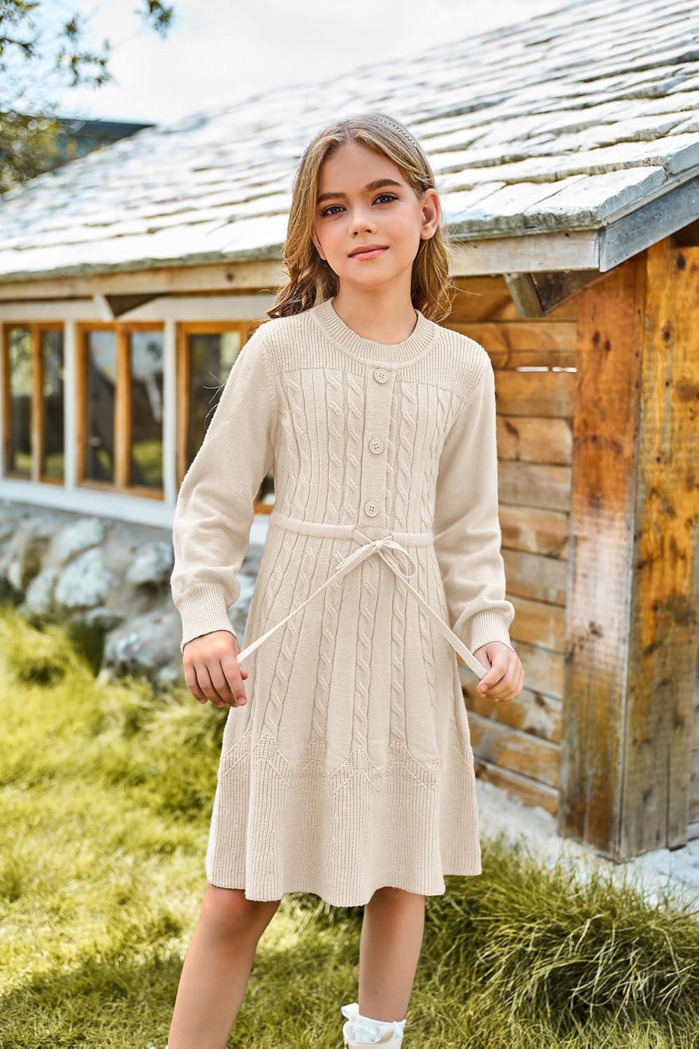 imageGRACE KARIN Girls Sweater Dress Fall Winter Long Sleeve Kids Fashion Drawstring Waist Cable Knit Dresses Size 512White