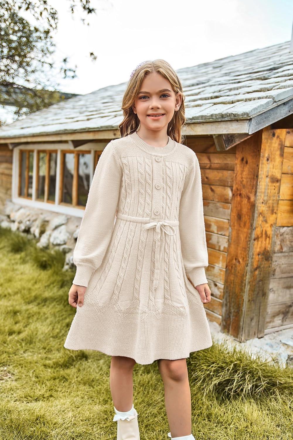 imageGRACE KARIN Girls Sweater Dress Fall Winter Long Sleeve Kids Fashion Drawstring Waist Cable Knit Dresses Size 512White