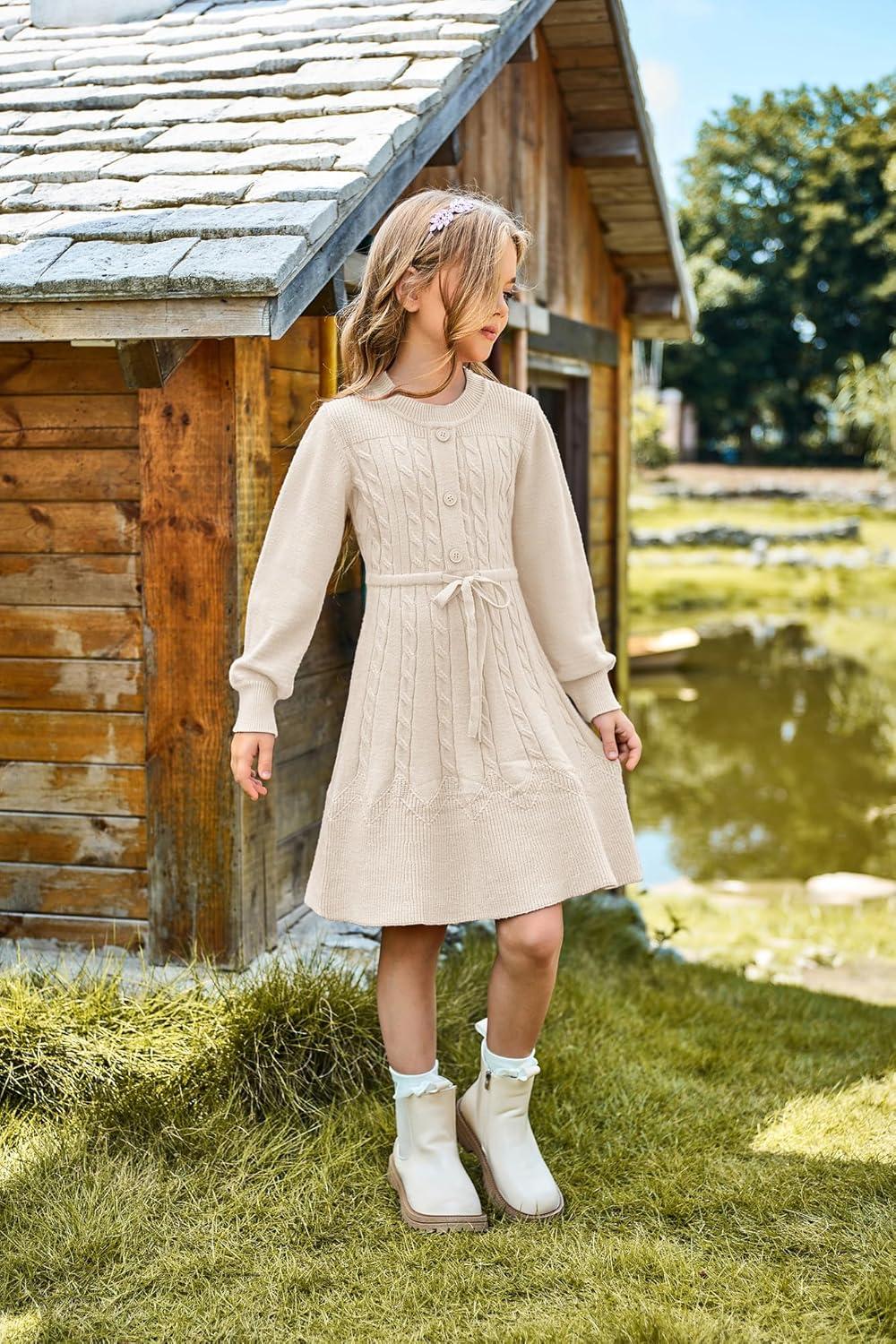 imageGRACE KARIN Girls Sweater Dress Fall Winter Long Sleeve Kids Fashion Drawstring Waist Cable Knit Dresses Size 512White