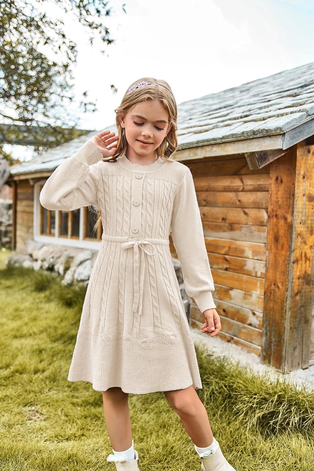 imageGRACE KARIN Girls Sweater Dress Fall Winter Long Sleeve Kids Fashion Drawstring Waist Cable Knit Dresses Size 512White