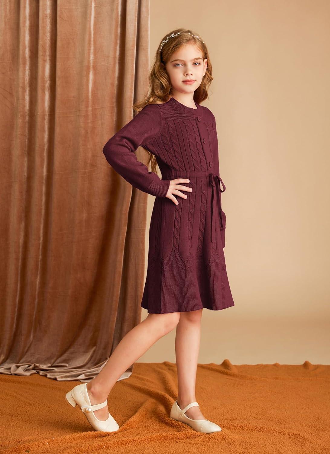 imageGRACE KARIN Girls Sweater Dress Fall Winter Long Sleeve Kids Fashion Drawstring Waist Cable Knit Dresses Size 512Wine Red